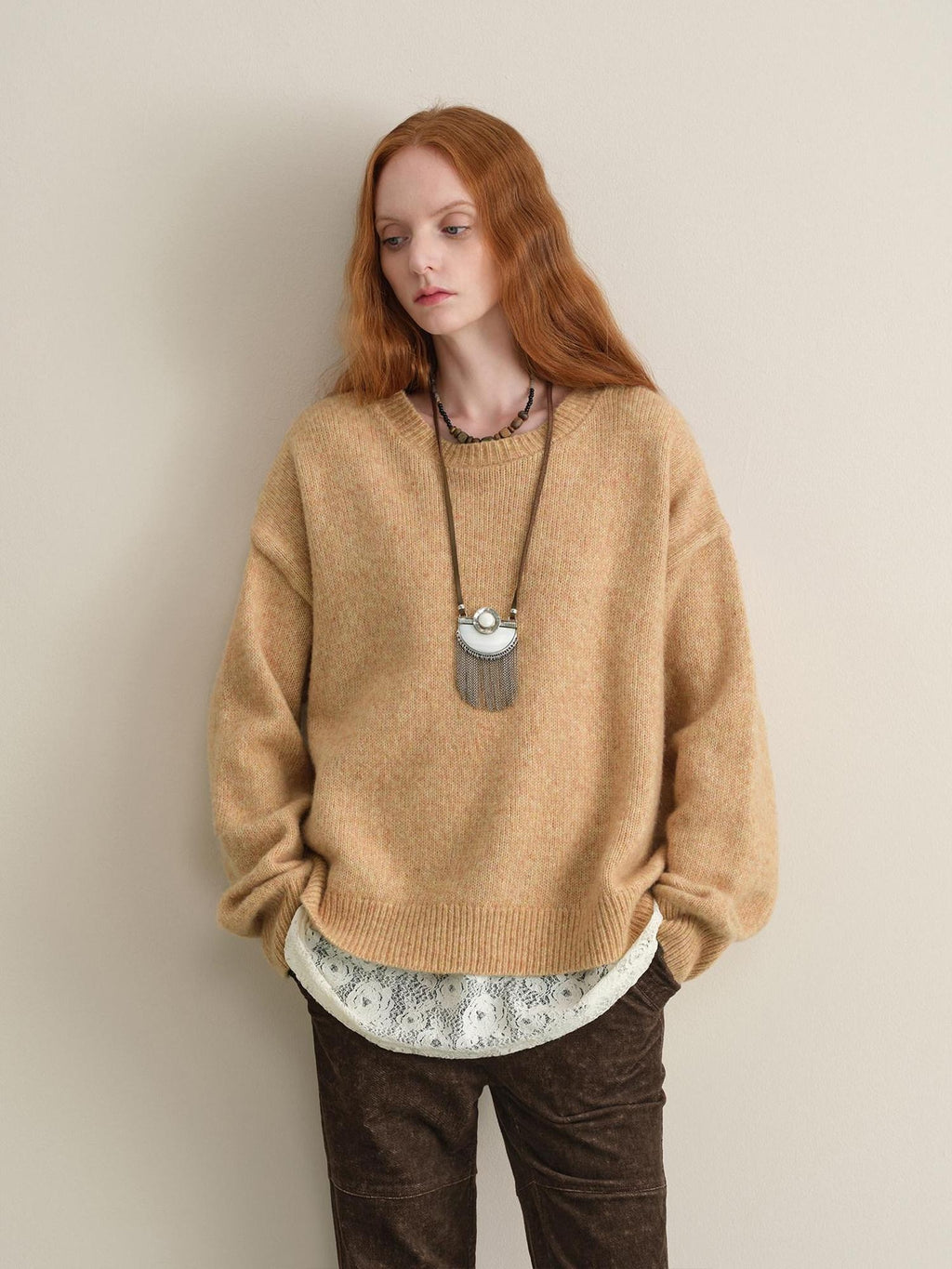 someonesometimes Soft Wool Blend Reversible Relaxed Fit Crew Neck Button Detail Women Sweater
