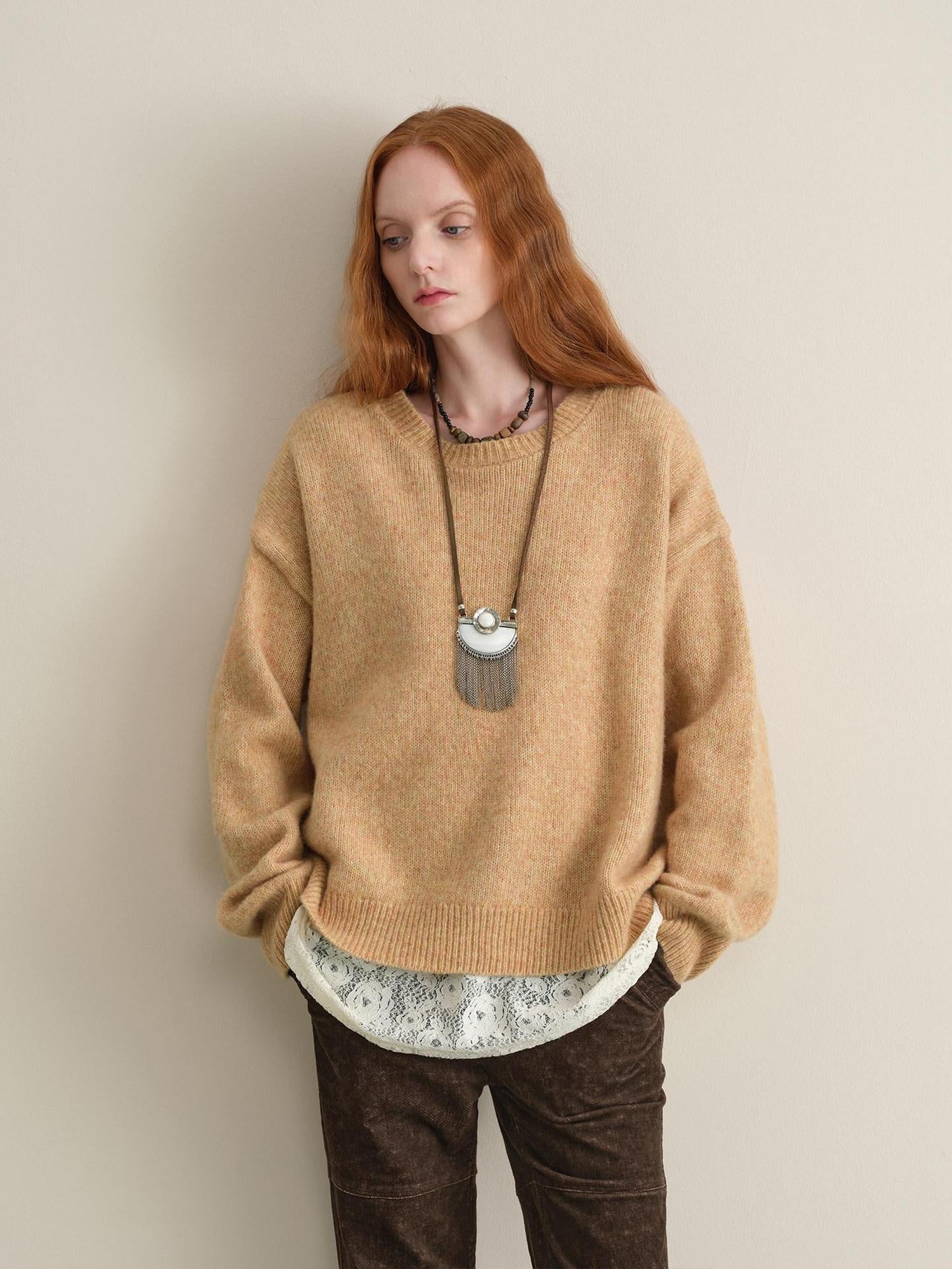 someonesometimes Soft Wool Blend Reversible Relaxed Fit Crew Neck Button Detail Women Sweater
