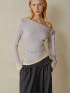 someonesometimes Stretch Bow Long Sleeve Slim Fit Lavender Women Off Shoulder Crop Tops