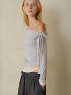 someonesometimes Stretch Bow Long Sleeve Slim Fit Lavender Women Off Shoulder Crop Tops