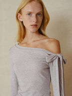 someonesometimes Stretch Bow Long Sleeve Slim Fit Lavender Women Off Shoulder Crop Tops