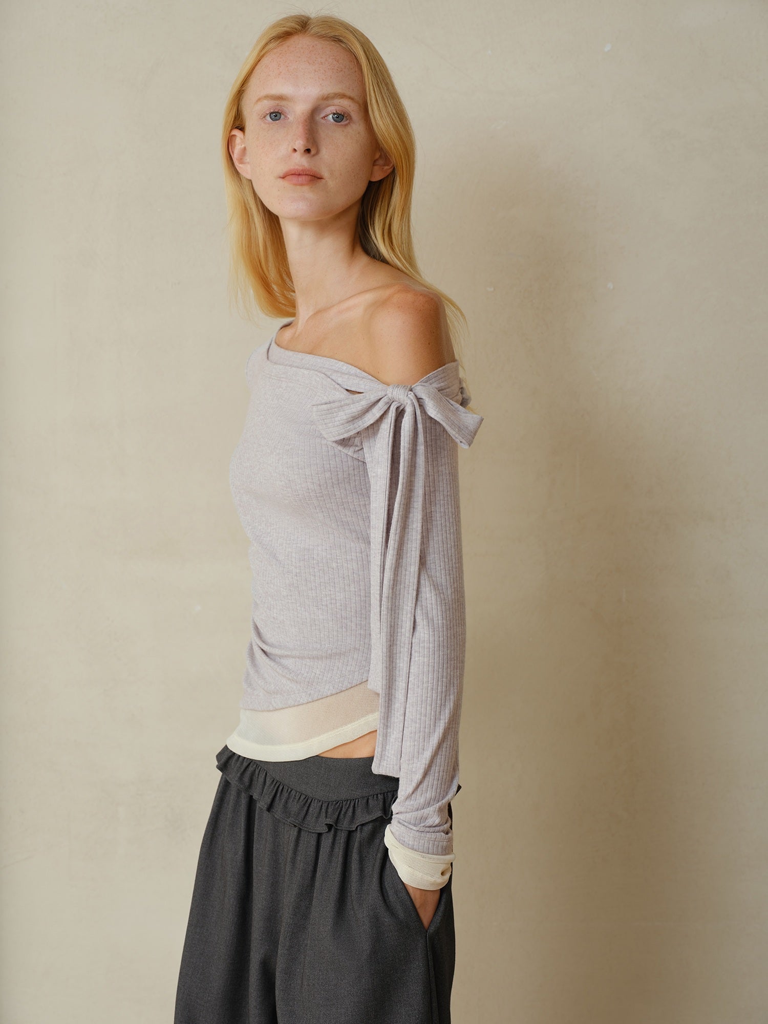 someonesometimes Stretch Bow Long Sleeve Slim Fit Lavender Women Off Shoulder Crop Tops