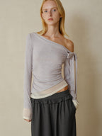 someonesometimes Stretch Bow Long Sleeve Slim Fit Lavender Women Off Shoulder Crop Tops