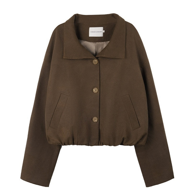 someonesometimes Stretch Polyester Vintage Loose Short Zip Women Coffee Brown Cropped Jackets