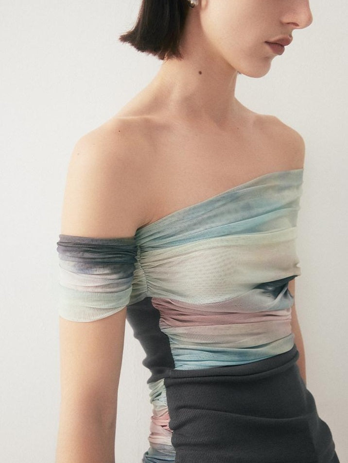someonesometimes Tie Dye Slim Fit Minimalist Women Viscose Cotton Off Shoulder Crop Tops