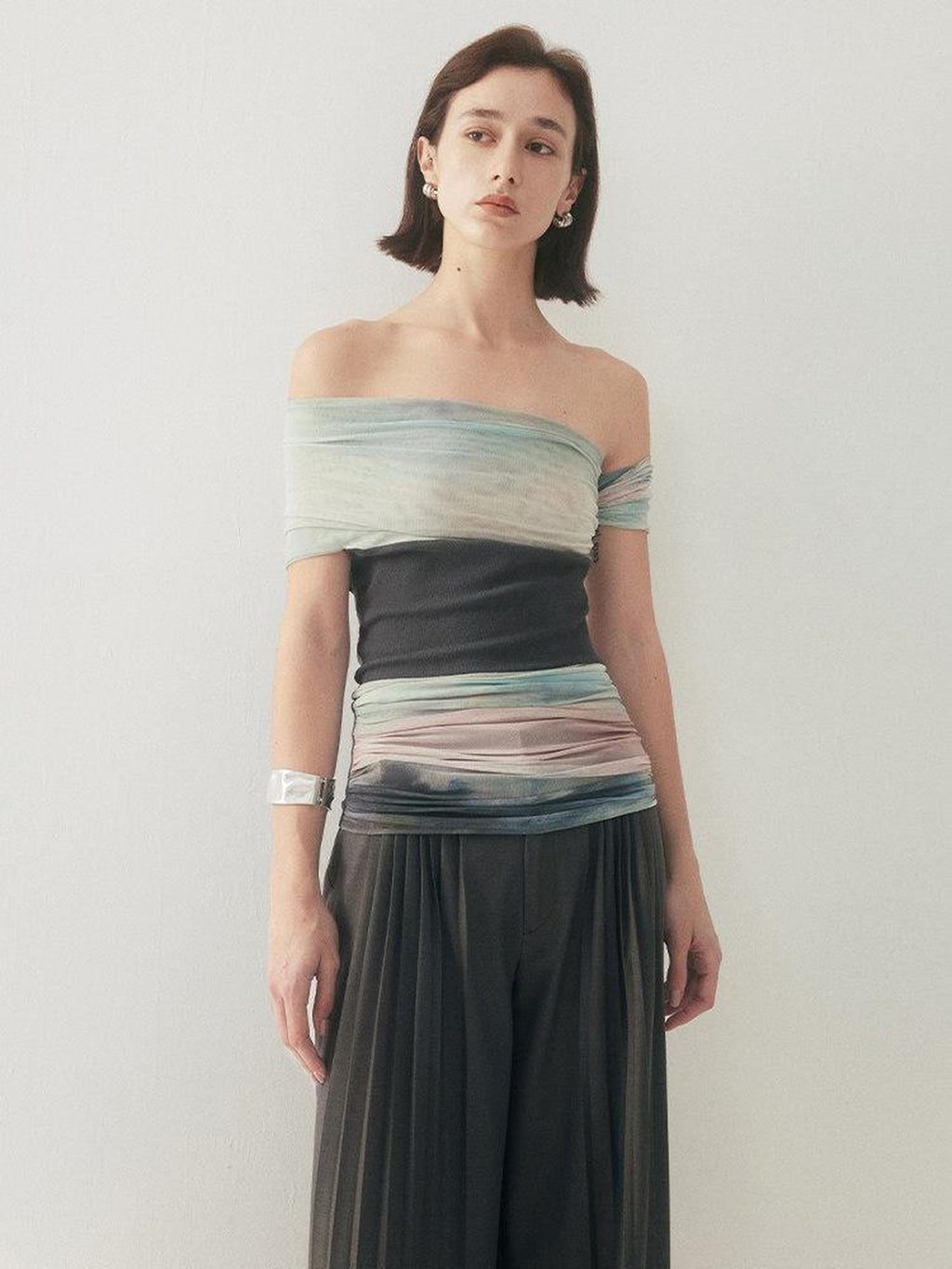 someonesometimes Tie Dye Slim Fit Minimalist Women Viscose Cotton Off Shoulder Crop Tops