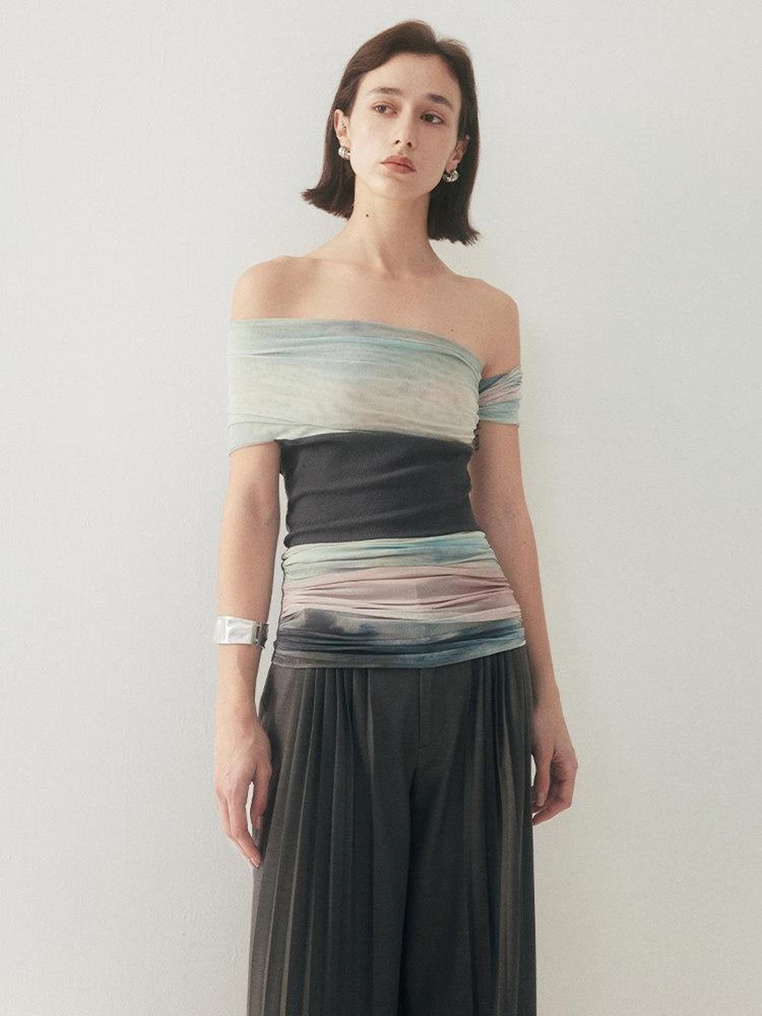 someonesometimes Tie Dye Slim Fit Minimalist Women Viscose Cotton Off Shoulder Crop Tops