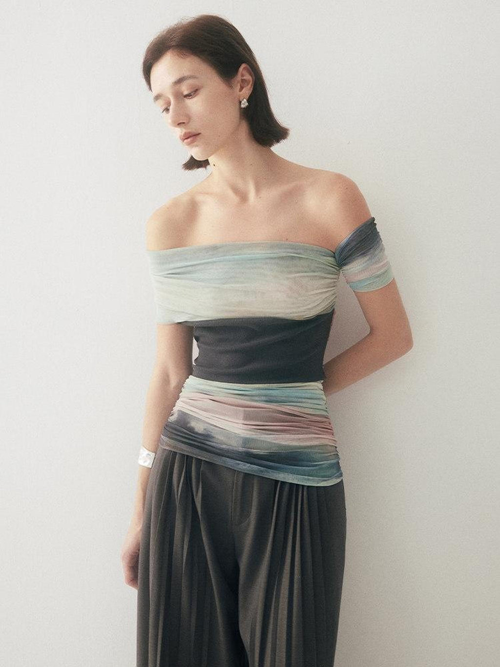 someonesometimes Tie Dye Slim Fit Minimalist Women Viscose Cotton Off Shoulder Crop Tops