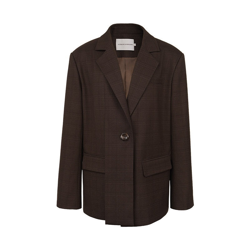 someonesometimes_V-neck_Single_Breasted_Straight_Cut_Dark_Brown_Check_Unisex_Office_Blazer_MISSTT