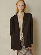 someonesometimes V-neck Single Breasted Straight Cut Dark Brown Check Unisex Office Blazer