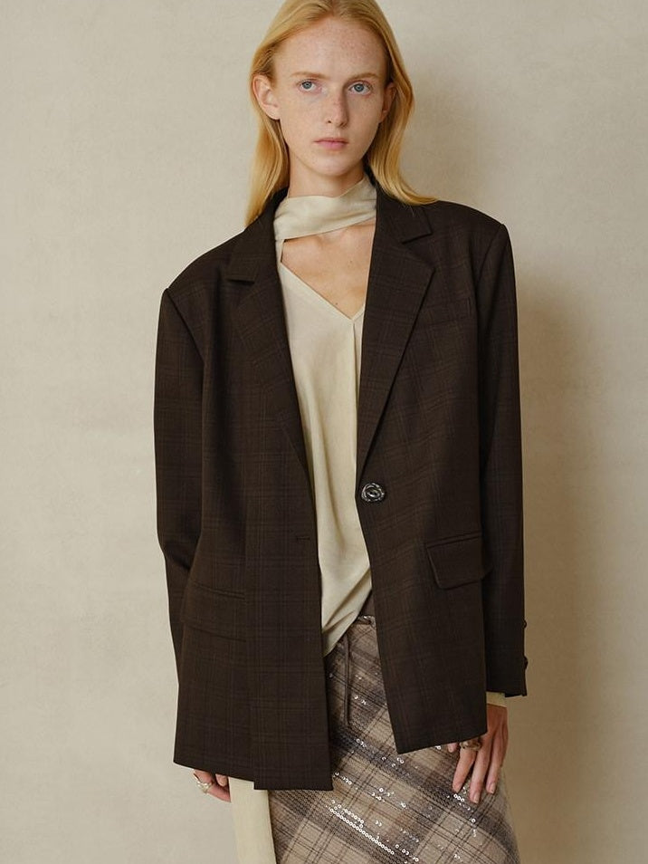 someonesometimes V-neck Single Breasted Straight Cut Dark Brown Check Unisex Office Blazer