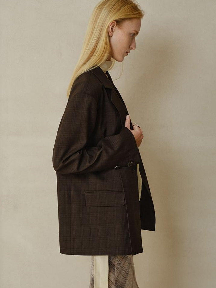 someonesometimes V-neck Single Breasted Straight Cut Dark Brown Check Unisex Office Blazer