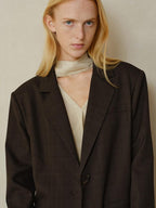 someonesometimes V-neck Single Breasted Straight Cut Dark Brown Check Unisex Office Blazer