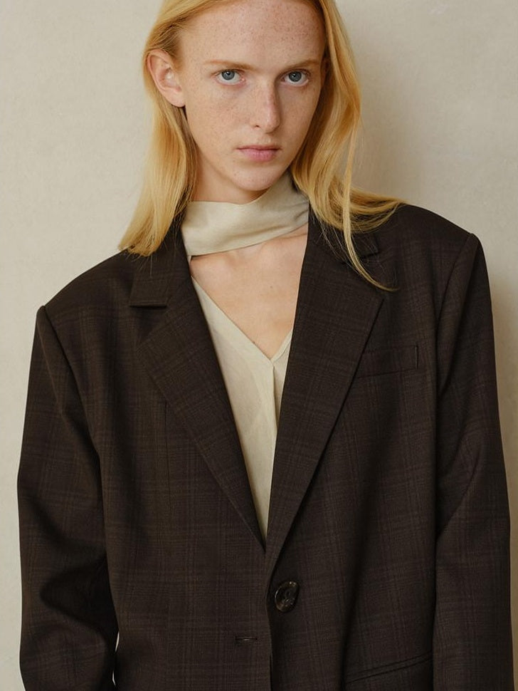 someonesometimes V-neck Single Breasted Straight Cut Dark Brown Check Unisex Office Blazer