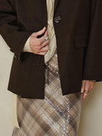 someonesometimes V-neck Single Breasted Straight Cut Dark Brown Check Unisex Office Blazer