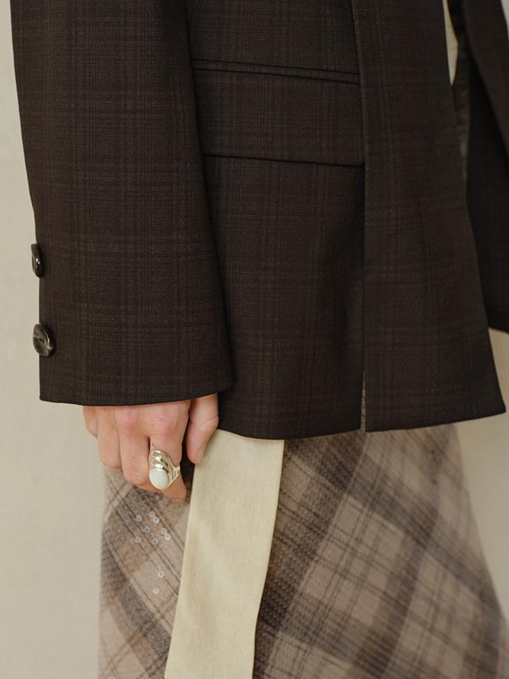 someonesometimes V-neck Single Breasted Straight Cut Dark Brown Check Unisex Office Blazer