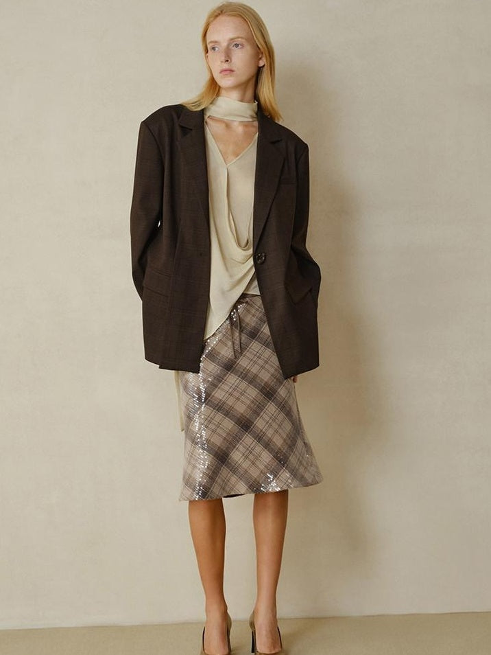someonesometimes V-neck Single Breasted Straight Cut Dark Brown Check Unisex Office Blazer