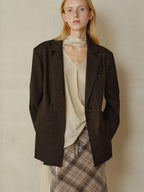 someonesometimes V-neck Single Breasted Straight Cut Dark Brown Check Unisex Office Blazer