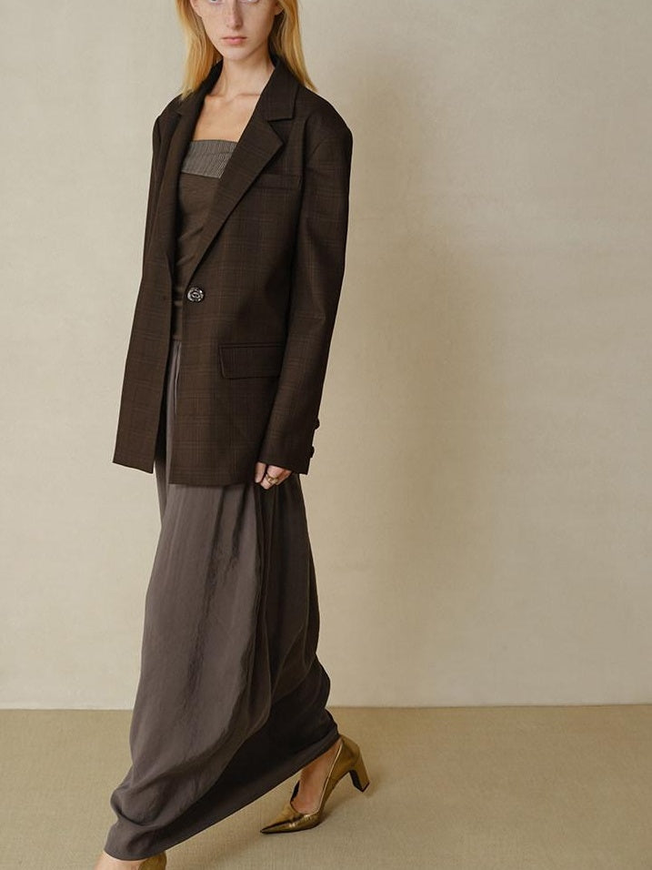 someonesometimes V-neck Single Breasted Straight Cut Dark Brown Check Unisex Office Blazer