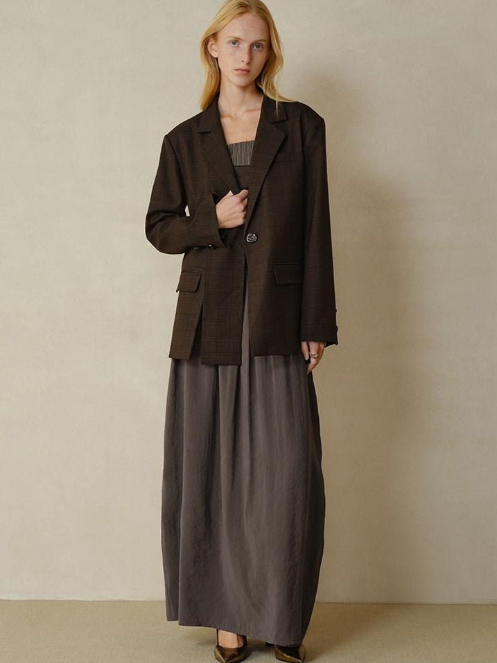 someonesometimes V-neck Single Breasted Straight Cut Dark Brown Check Unisex Office Blazer