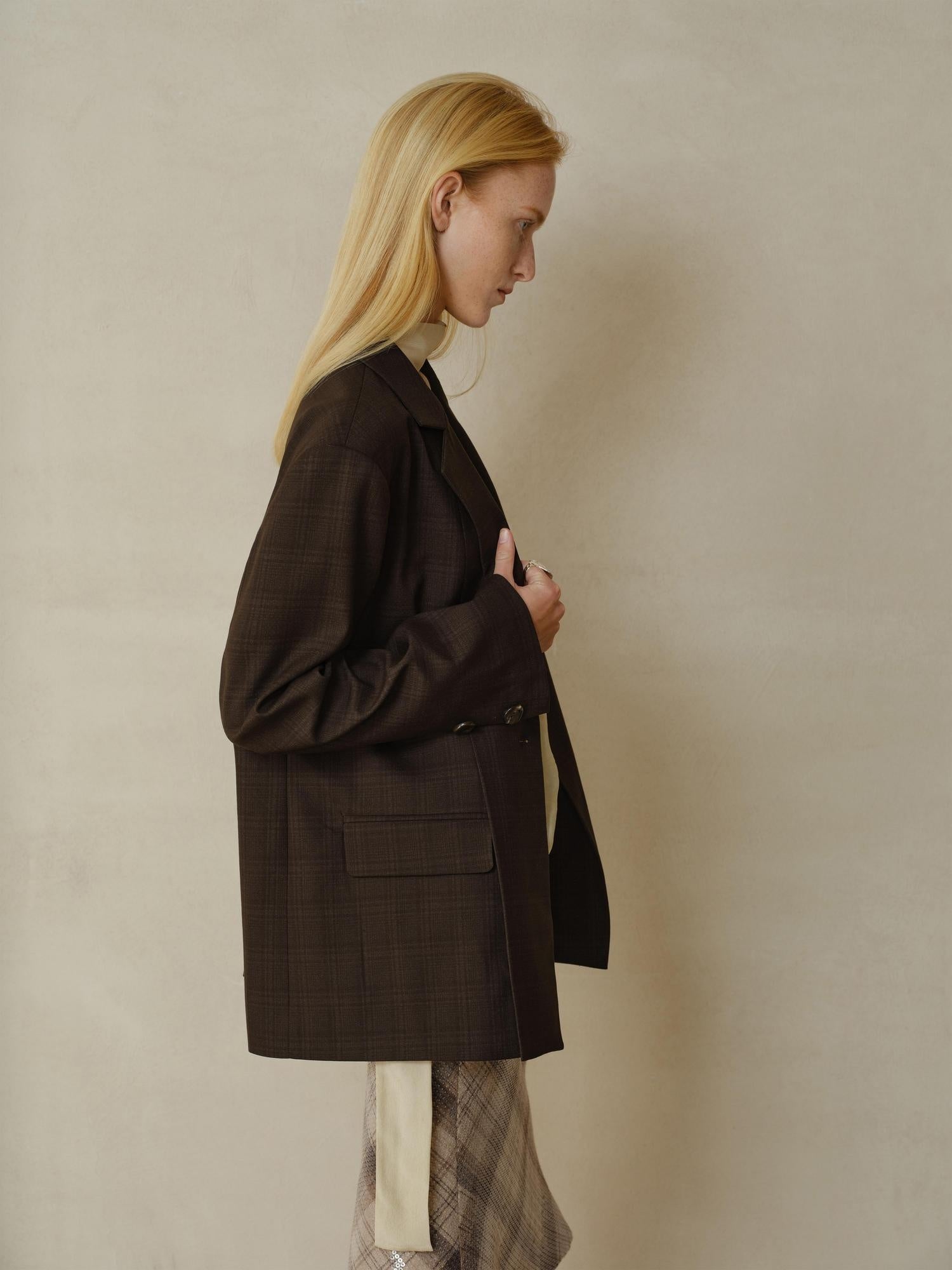 someonesometimes V-neck Single Breasted Straight Cut Dark Brown Check Unisex Office Blazer