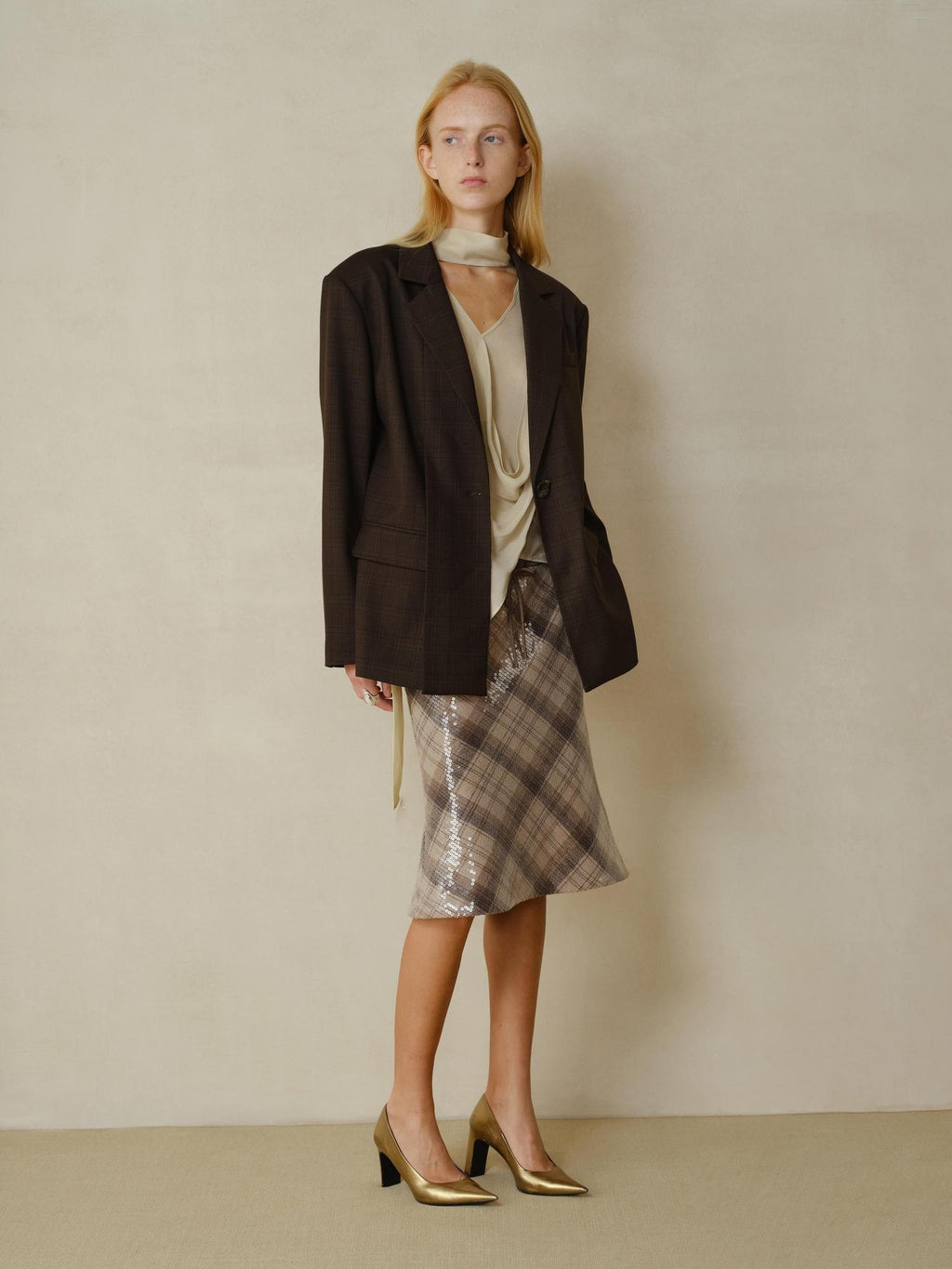 someonesometimes V-neck Single Breasted Straight Cut Dark Brown Check Unisex Office Blazer