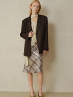 someonesometimes V-neck Single Breasted Straight Cut Dark Brown Check Unisex Office Blazer