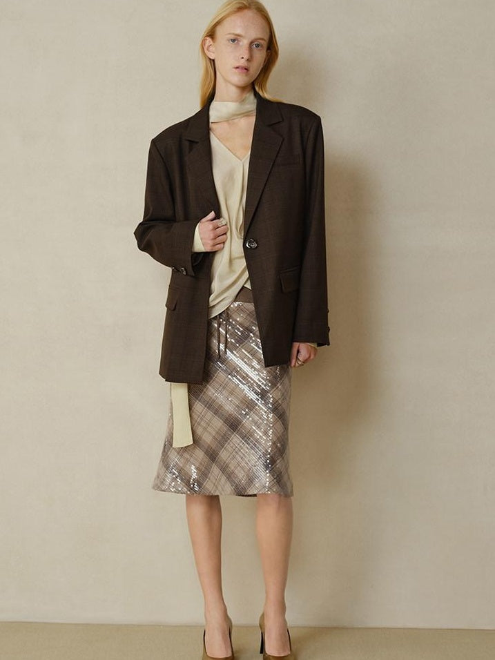 someonesometimes V-neck Single Breasted Straight Cut Dark Brown Check Unisex Office Blazer