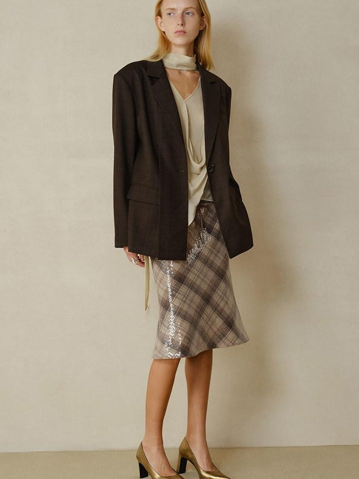someonesometimes V-neck Single Breasted Straight Cut Dark Brown Check Unisex Office Blazer