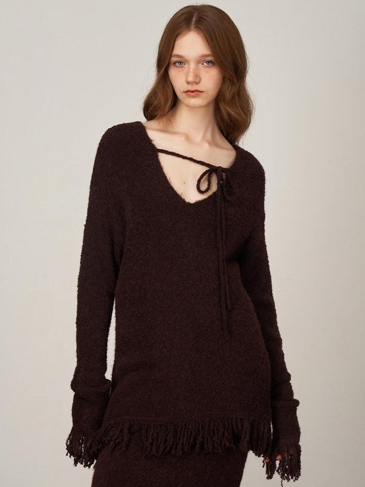 someonesometimes V-neck Wool Blend Pullover Commuter Chic Regular Fit Knit Skirt Top & Skirt Sets