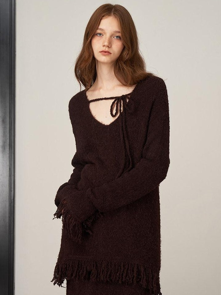 someonesometimes V-neck Wool Blend Pullover Commuter Chic Regular Fit Knit Skirt Top & Skirt Sets