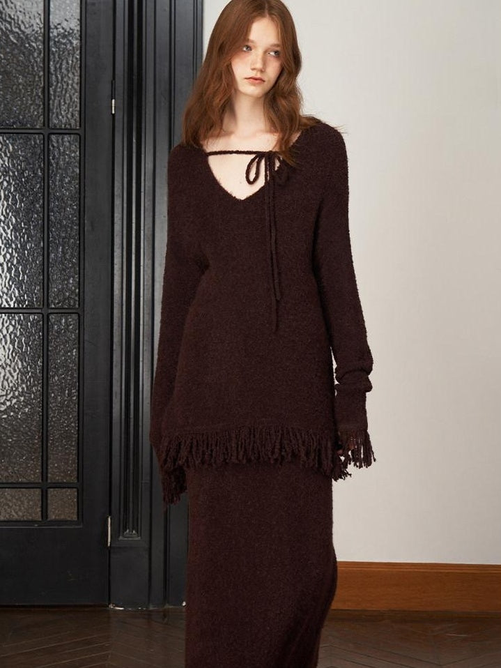 someonesometimes V-neck Wool Blend Pullover Commuter Chic Regular Fit Knit Skirt Top & Skirt Sets