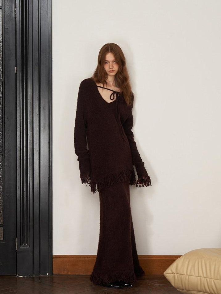 someonesometimes V-neck Wool Blend Pullover Commuter Chic Regular Fit Knit Skirt Top & Skirt Sets