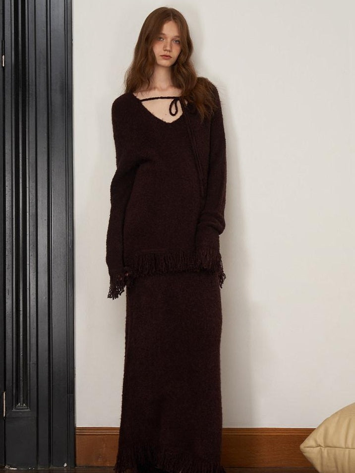 someonesometimes V-neck Wool Blend Pullover Commuter Chic Regular Fit Knit Skirt Top & Skirt Sets