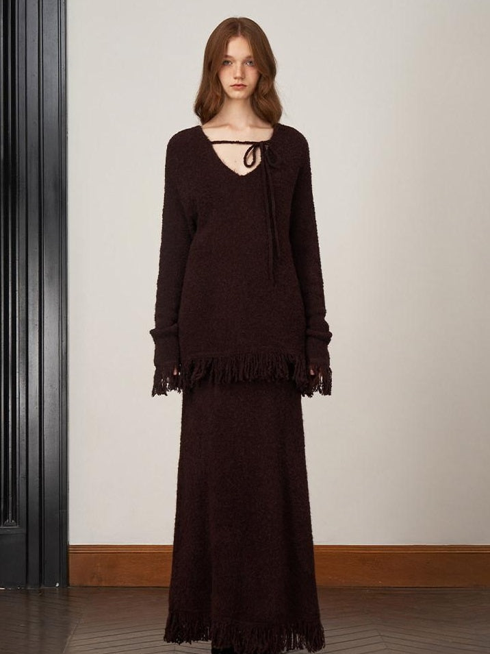 someonesometimes V-neck Wool Blend Pullover Commuter Chic Regular Fit Knit Skirt Top & Skirt Sets