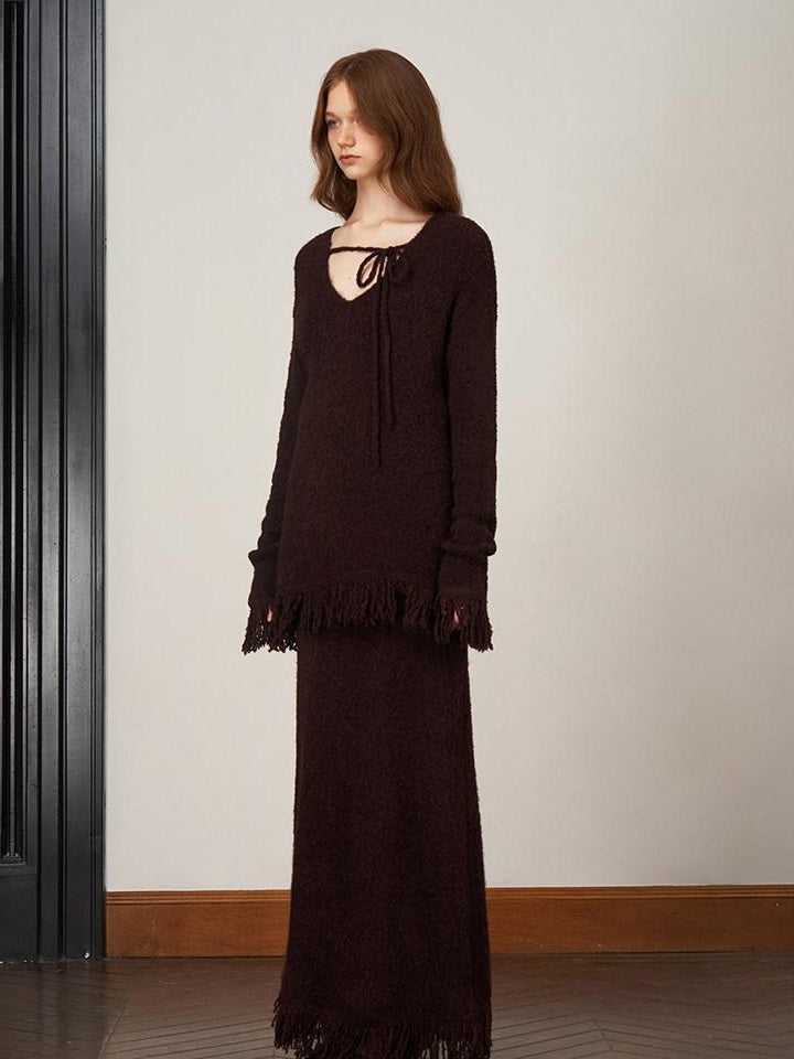 someonesometimes V-neck Wool Blend Pullover Commuter Chic Regular Fit Knit Skirt Top & Skirt Sets