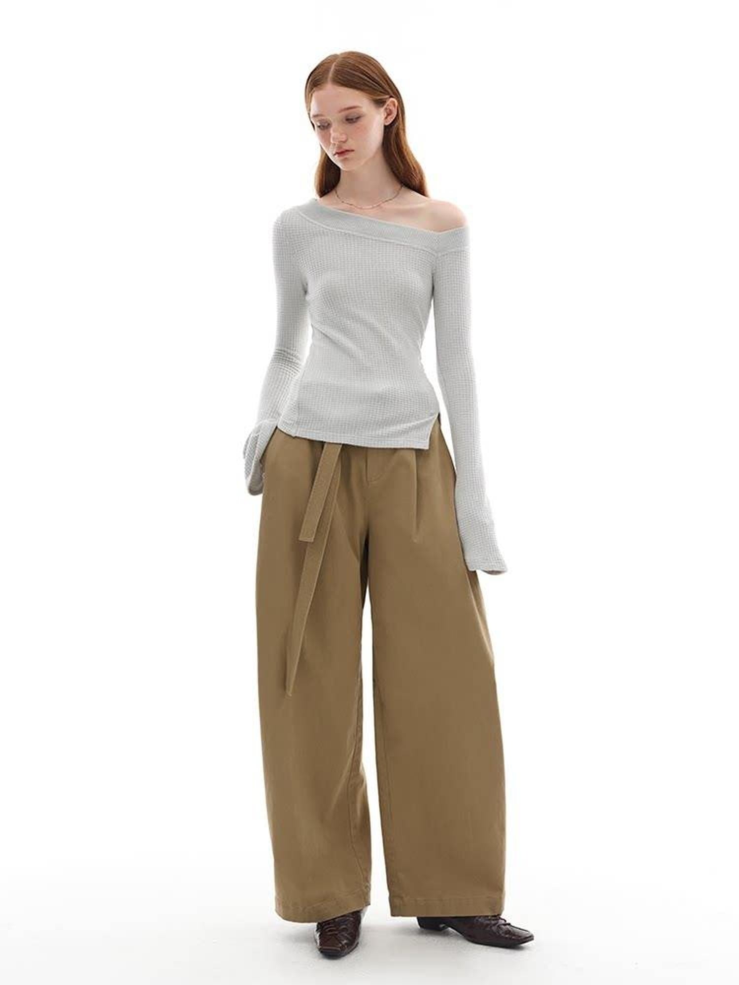 someonesometimes Versatile Minimal Flared Low Rise Tailored Women Khaki Cotton Wide Leg Pants