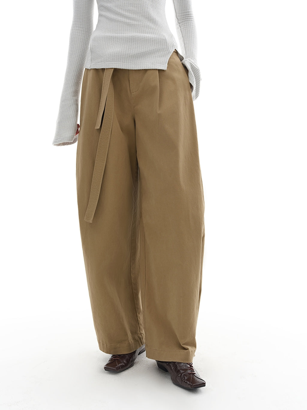 someonesometimes Versatile Minimal Flared Low Rise Tailored Women Khaki Cotton Wide Leg Pants
