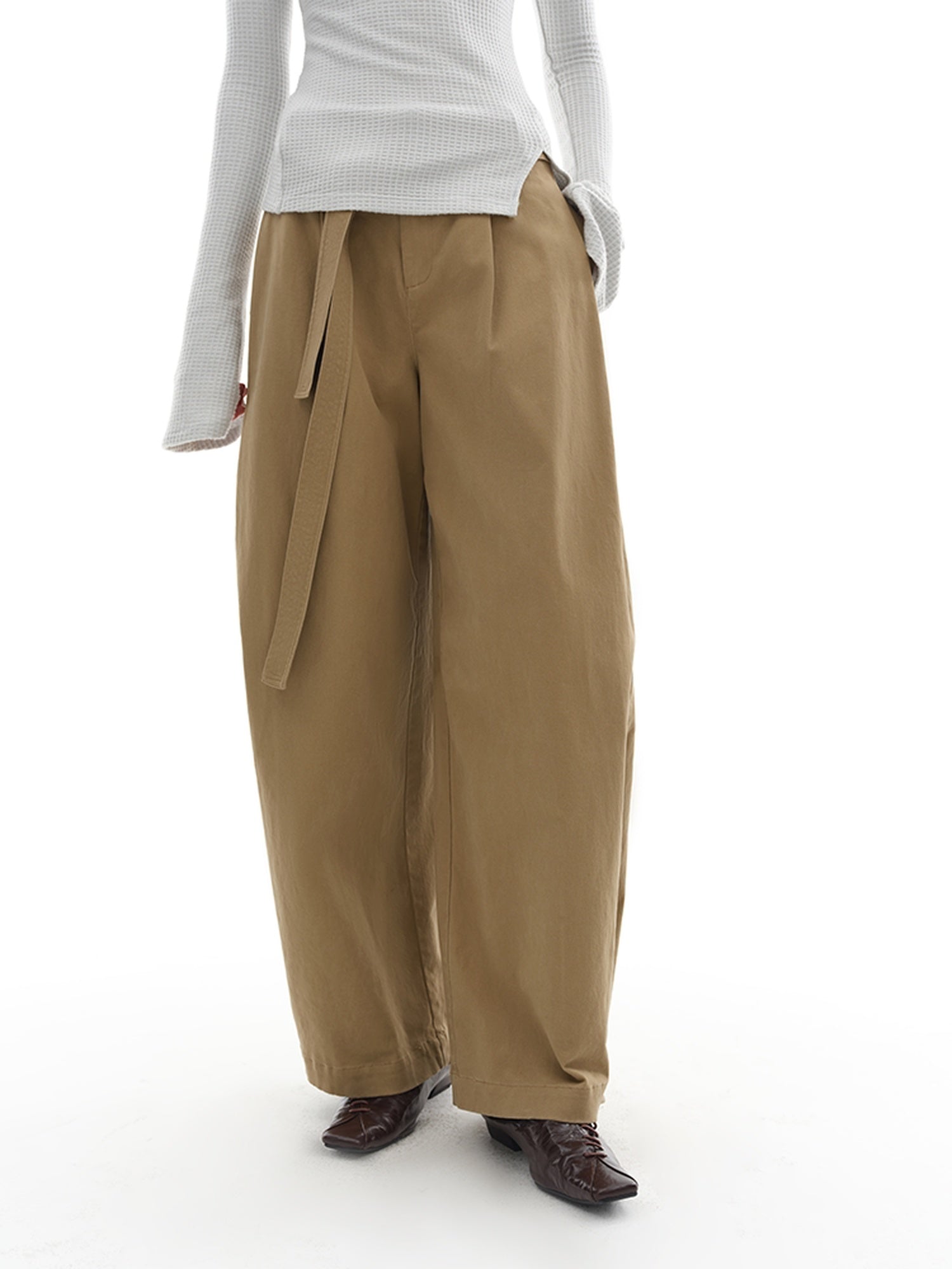 someonesometimes Versatile Minimal Flared Low Rise Tailored Women Khaki Cotton Wide Leg Pants