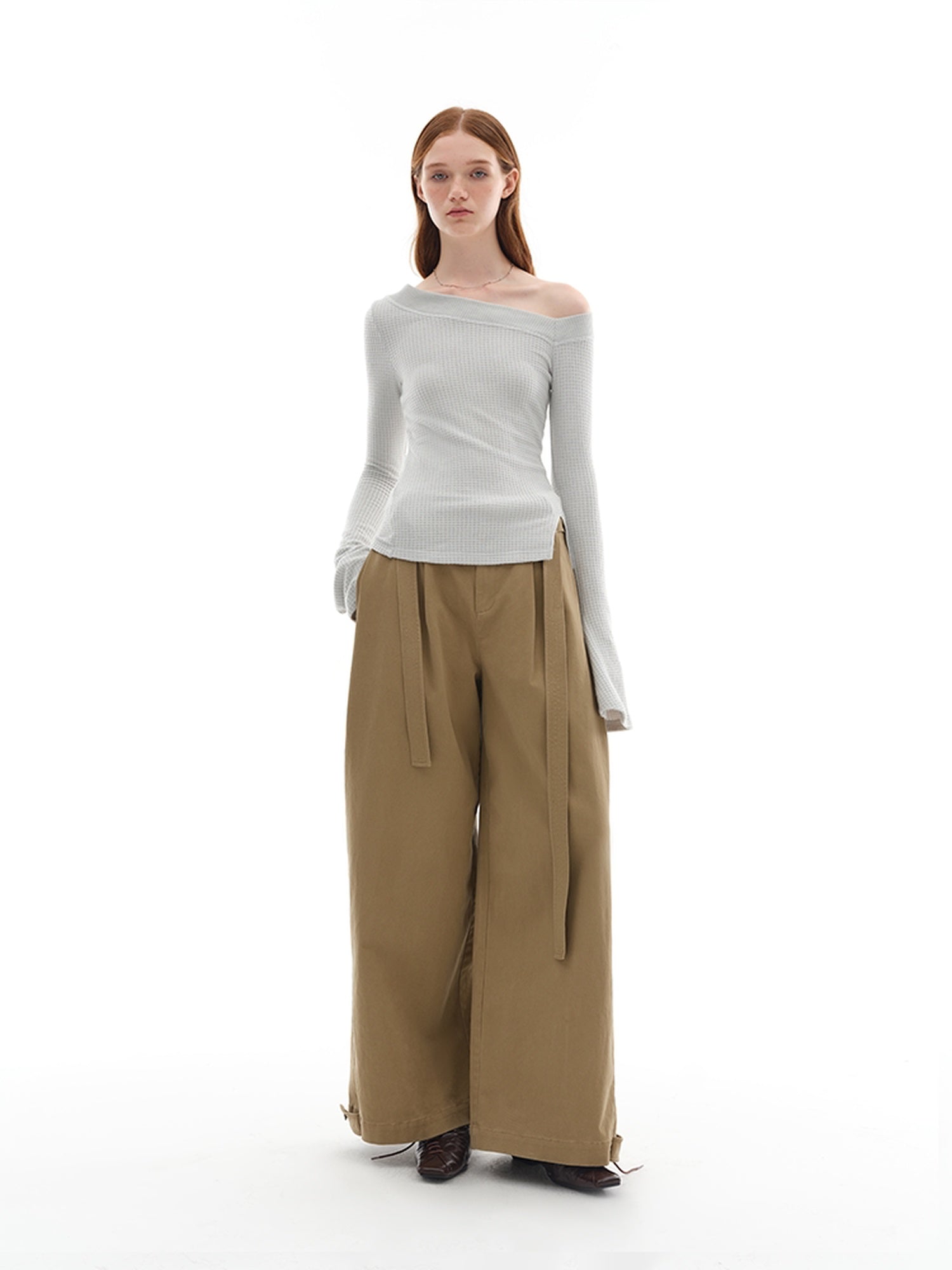 someonesometimes Versatile Minimal Flared Low Rise Tailored Women Khaki Cotton Wide Leg Pants