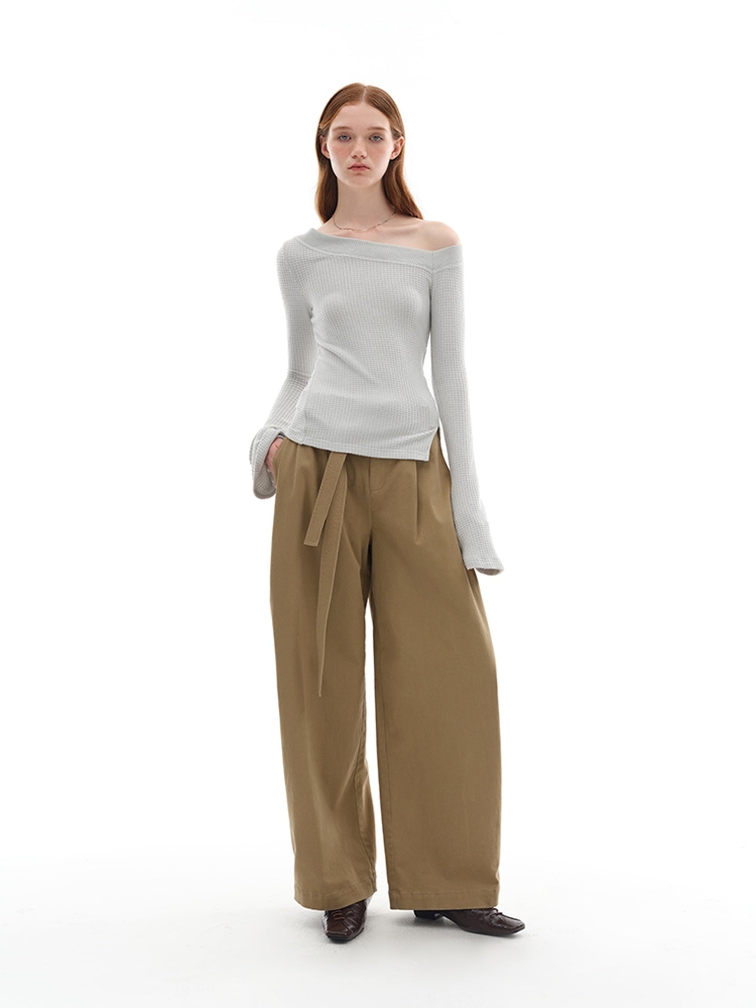 someonesometimes Versatile Minimal Flared Low Rise Tailored Women Khaki Cotton Wide Leg Pants