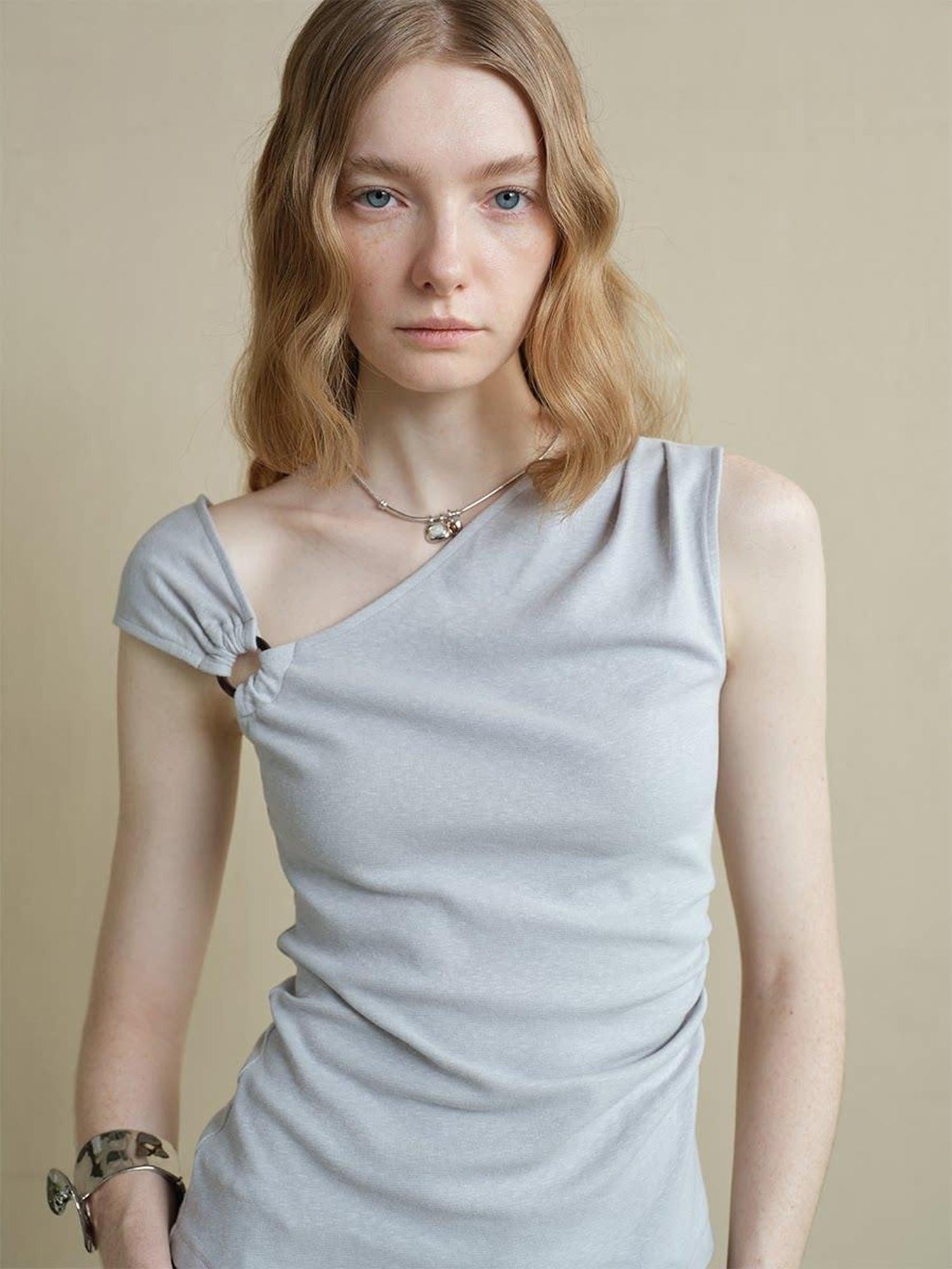 someonesometimes Versatile Patchwork One Shoulder Slim Fit Cotton Blend Pullover Top
