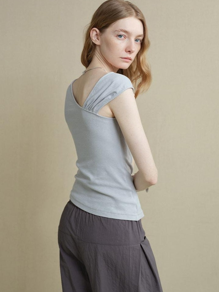 someonesometimes Versatile Patchwork One Shoulder Slim Fit Cotton Blend Pullover Top