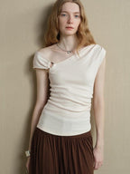 someonesometimes Versatile Patchwork One Shoulder Slim Fit Cotton Blend Pullover Top