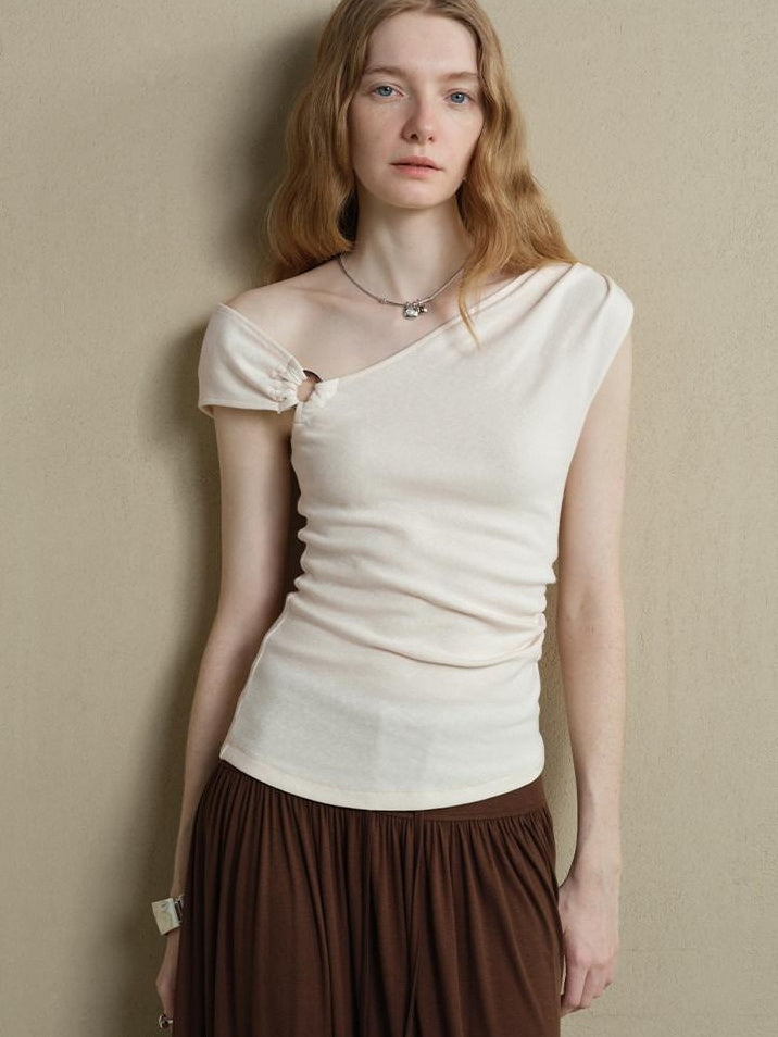 someonesometimes Versatile Patchwork One Shoulder Slim Fit Cotton Blend Pullover Top