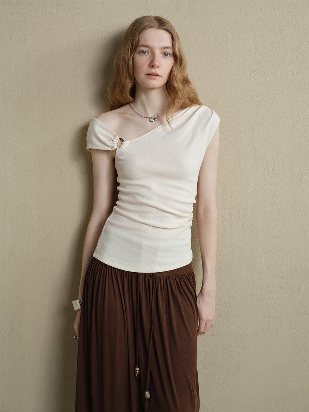 someonesometimes Versatile Patchwork One Shoulder Slim Fit Cotton Blend Pullover Top