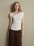 someonesometimes Versatile Patchwork One Shoulder Slim Fit Cotton Blend Pullover Top