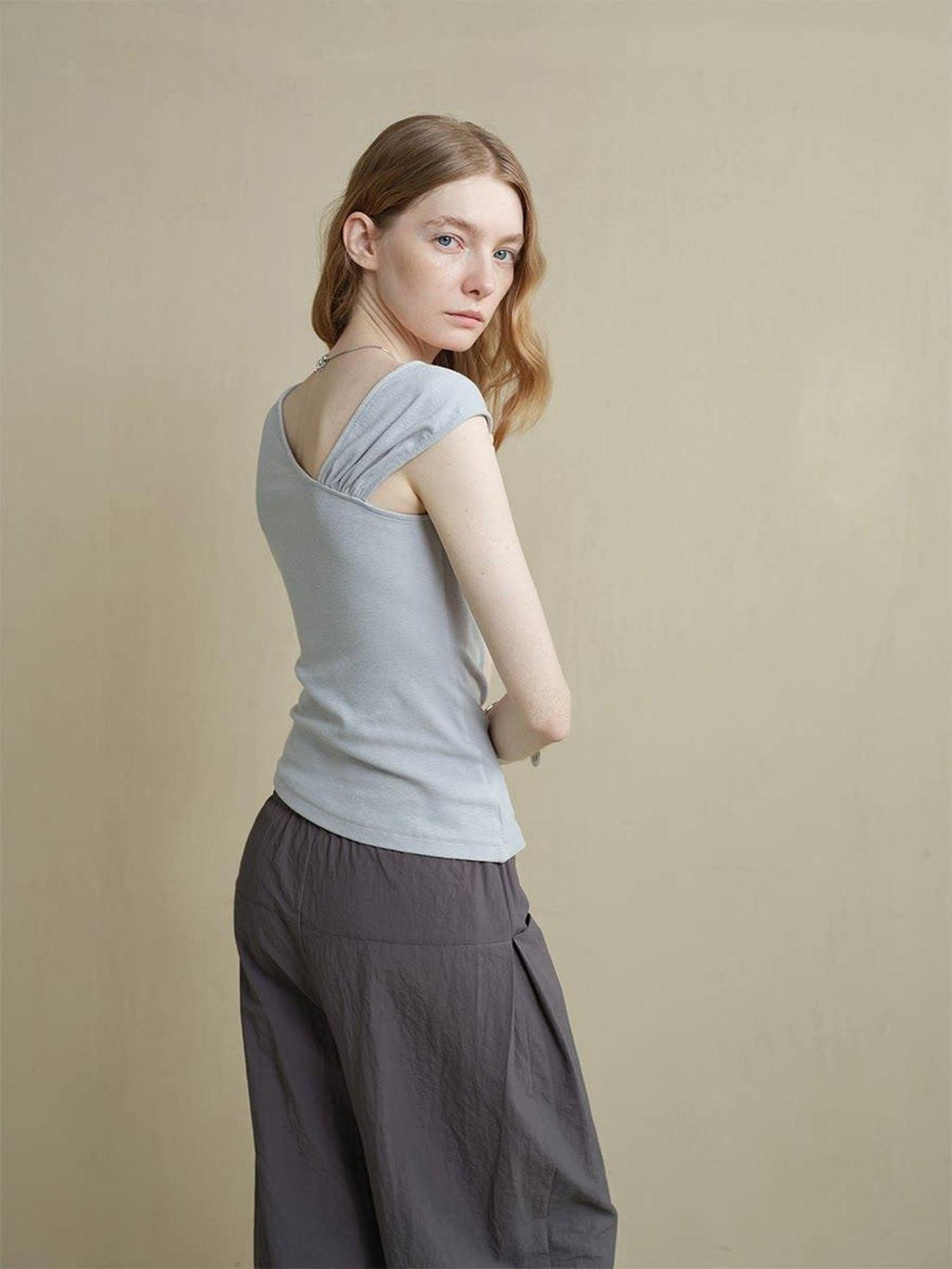 someonesometimes Versatile Patchwork One Shoulder Slim Fit Cotton Blend Pullover Top