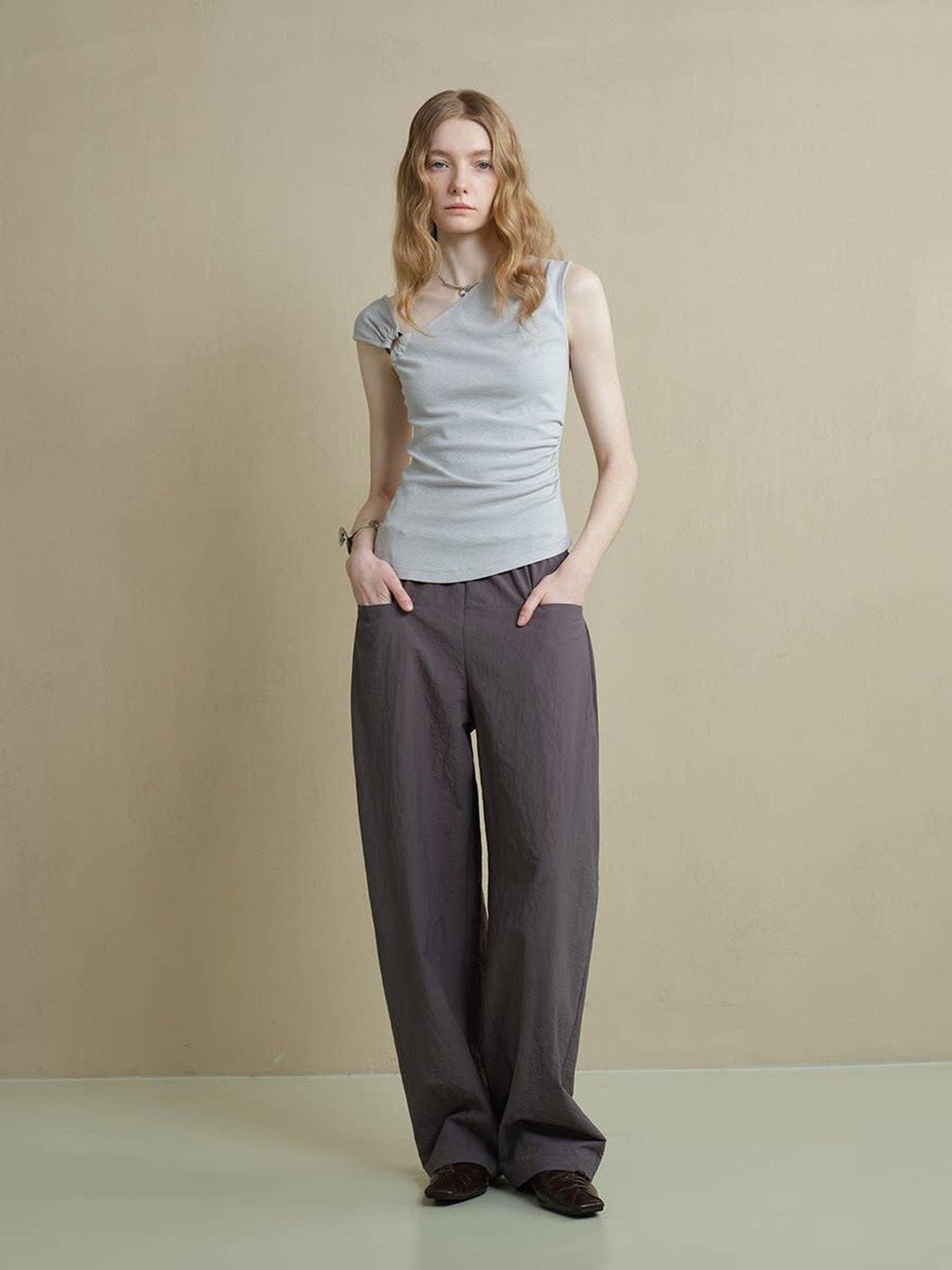 someonesometimes Versatile Patchwork One Shoulder Slim Fit Cotton Blend Pullover Top