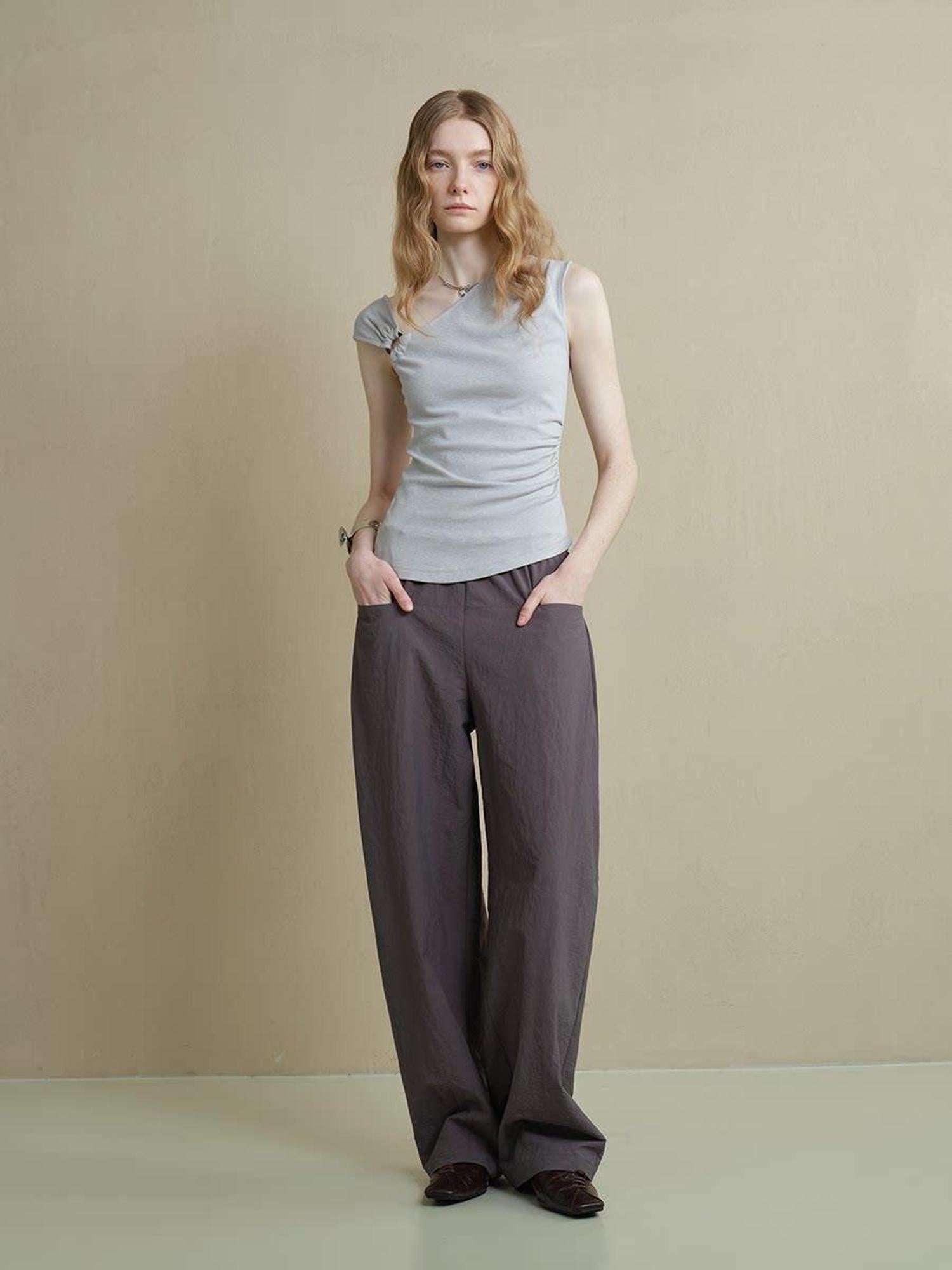 someonesometimes Versatile Patchwork One Shoulder Slim Fit Cotton Blend Pullover Top